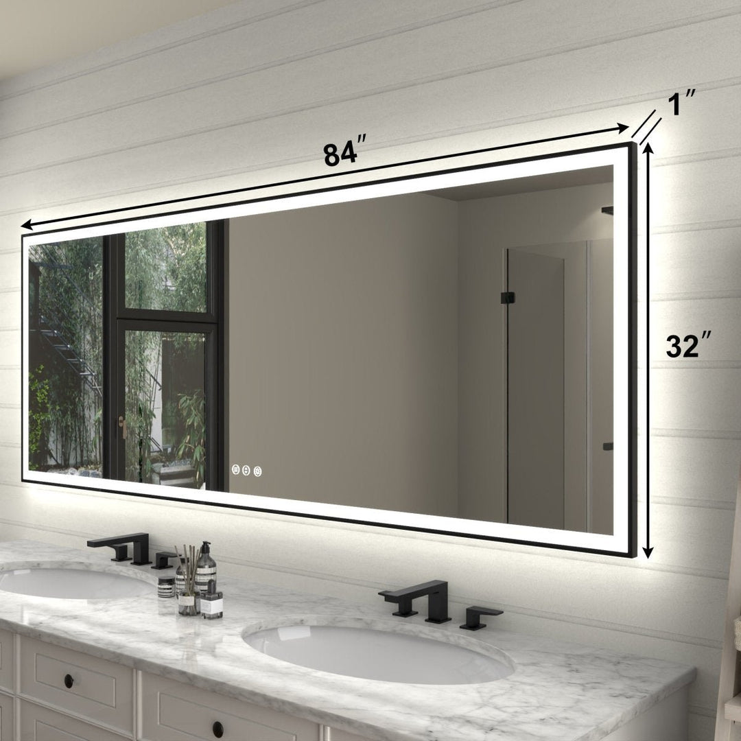 Apex-Noir 84"x32" LED Lighted Bathroom Mirror Matte Black Frame Defogging Image 2