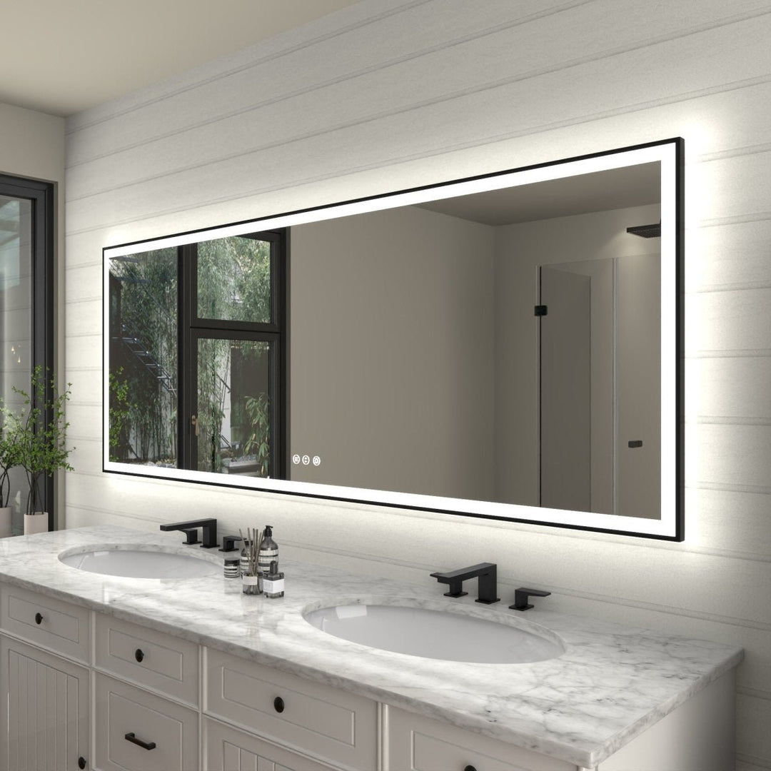 Apex-Noir 84"x32" LED Lighted Bathroom Mirror Matte Black Frame Defogging Image 11