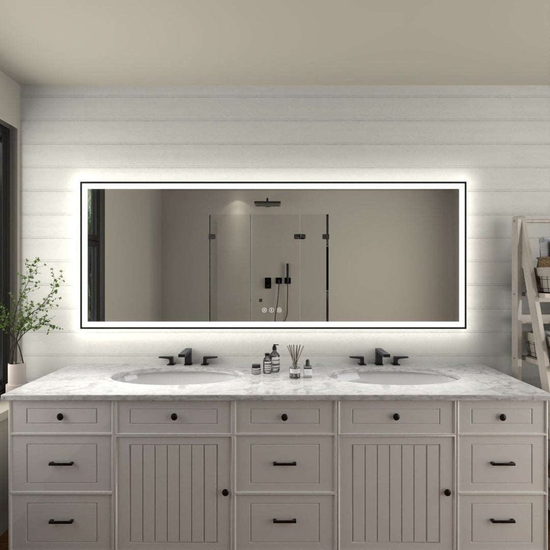 Apex-Noir 84"x32" LED Lighted Bathroom Mirror Matte Black Frame Defogging Image 12