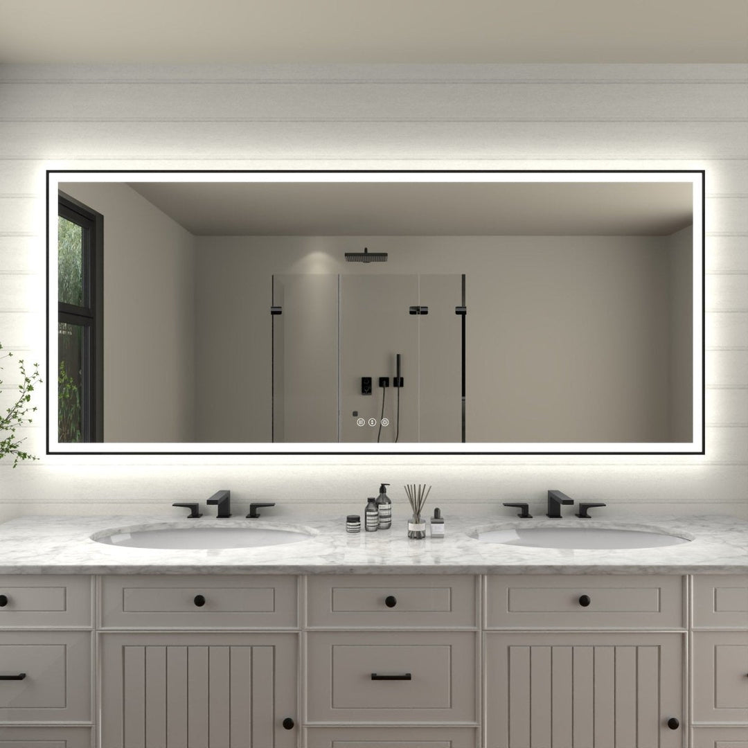 Apex-Noir 88"x38" LED Lighted Bathroom Mirror Black Frame Dimmable Defogging Image 1