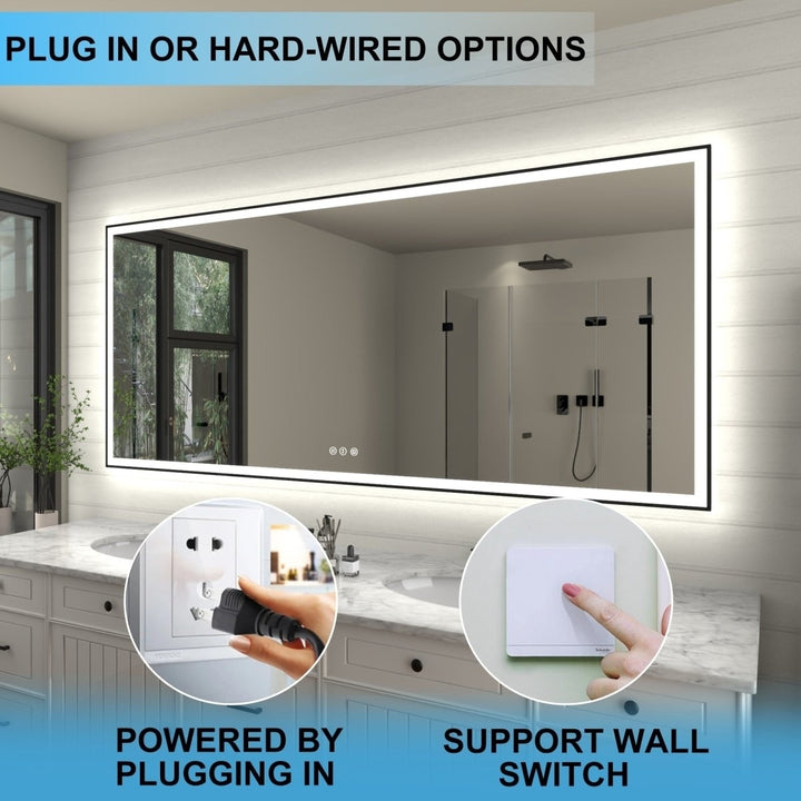 Apex-Noir 88"x38" LED Lighted Bathroom Mirror Black Frame Dimmable Defogging Image 4