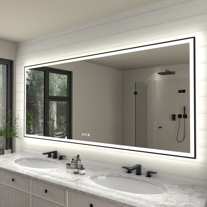 Apex-Noir 88"x38" LED Lighted Bathroom Mirror Black Frame Dimmable Defogging Image 11