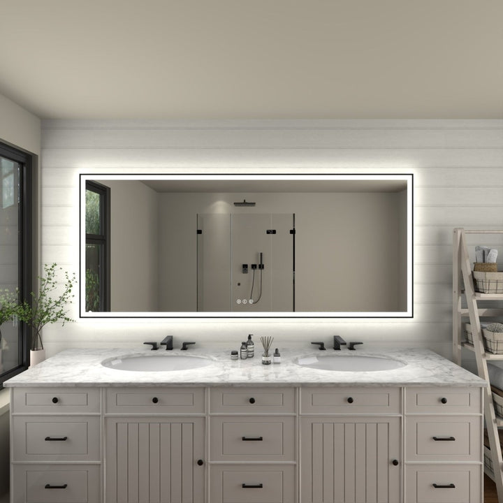 Apex-Noir 88"x38" LED Lighted Bathroom Mirror Black Frame Dimmable Defogging Image 12