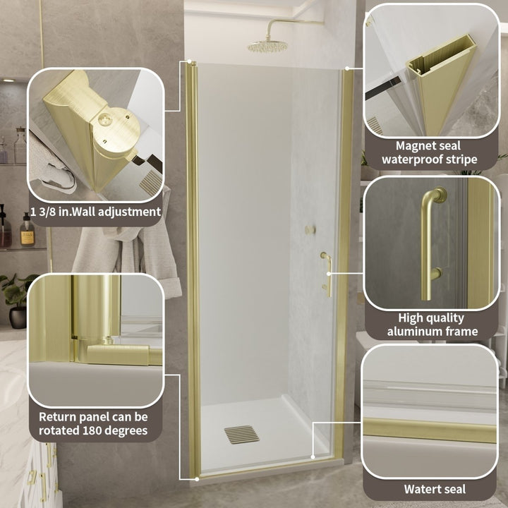 Frameless Shower Door 30-31"x72" Brush Gold 6mm Glass Water Repellent with Handle Image 3