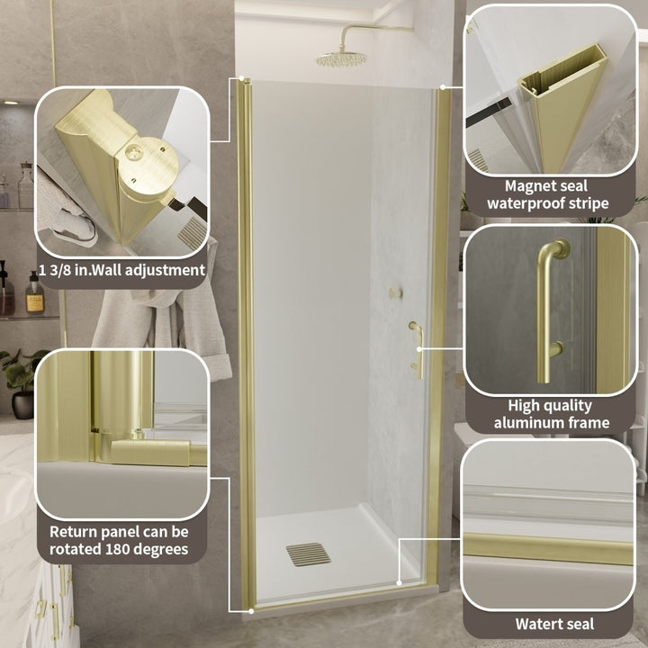 Frameless Shower Door 36-37x72 Brush Gold 6mm Glass with Seal Strip Handle Image 4