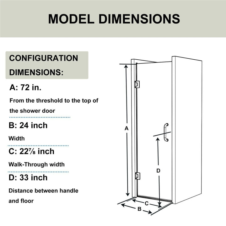 Gemini 24"x72" Frameless Shower Door in Brush Gold,Water Repellent Glass with Seal Strip Parts and Handle,Glass Hinged Image 2