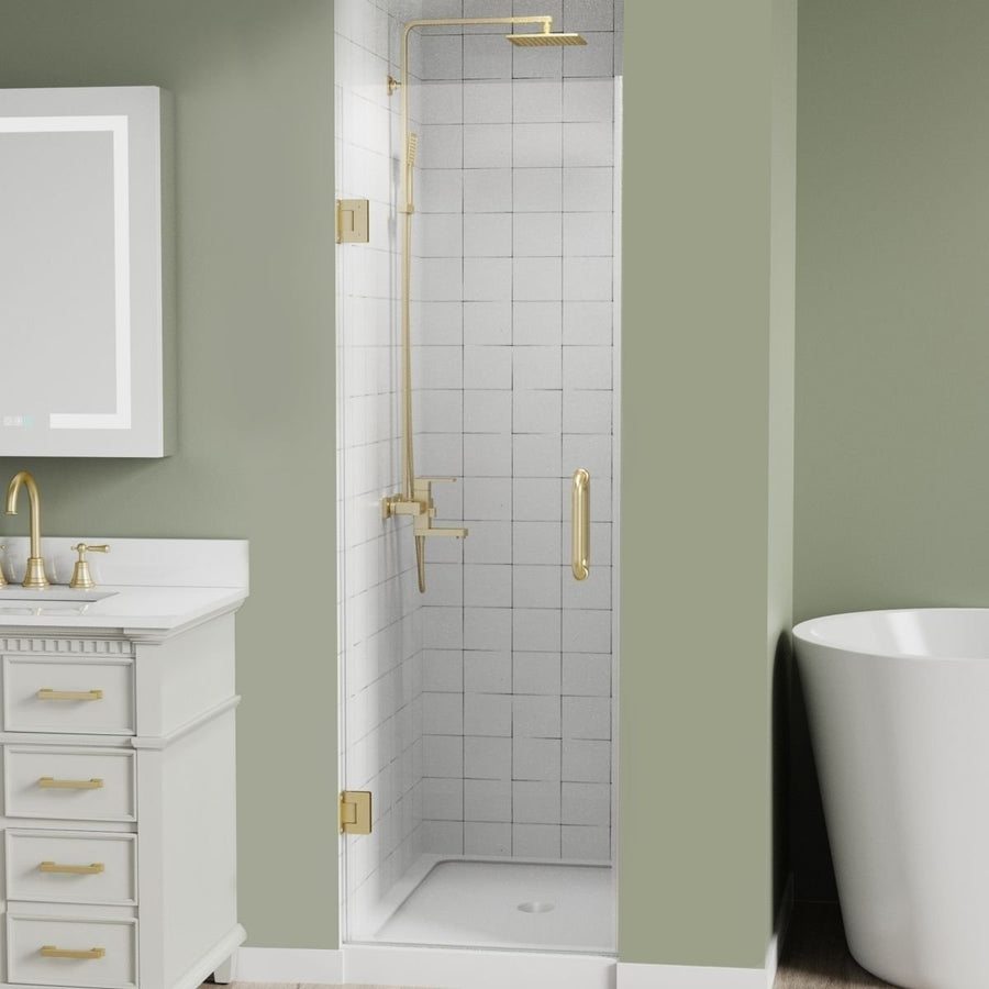 Gemini 24"x72" Frameless Shower Door in Brush Gold,Water Repellent Glass with Seal Strip Parts and Handle,Glass Hinged Image 1