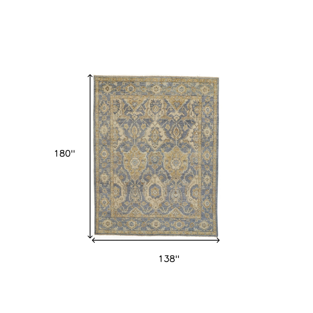 12 X 15 Blue Gold And Tan Wool Floral Hand Knotted Stain Resistant Area Rug With Fringe Image 5