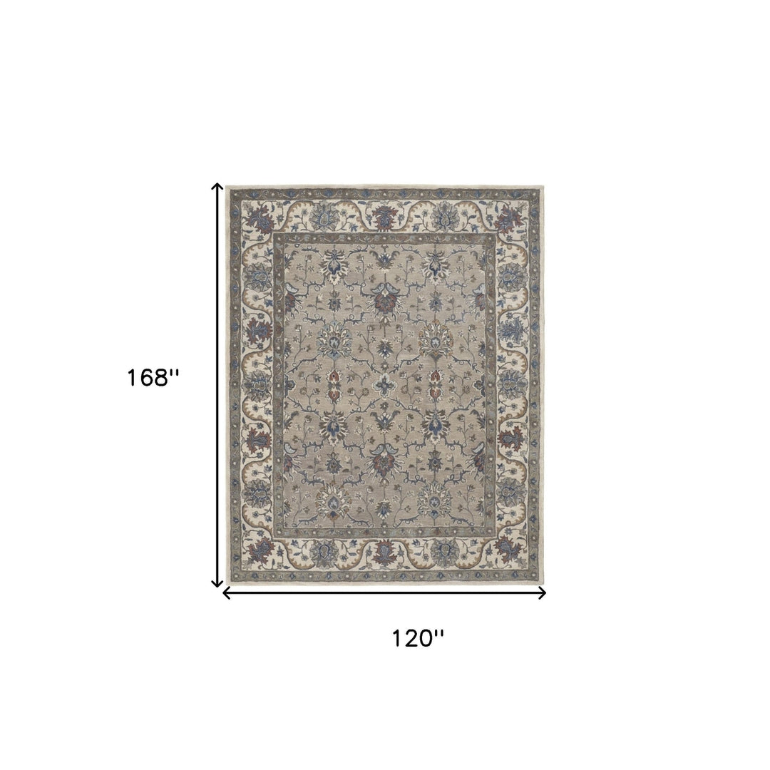 10 X 14 Taupe Ivory And Blue Wool Floral Tufted Handmade Stain Resistant Area Rug Image 6