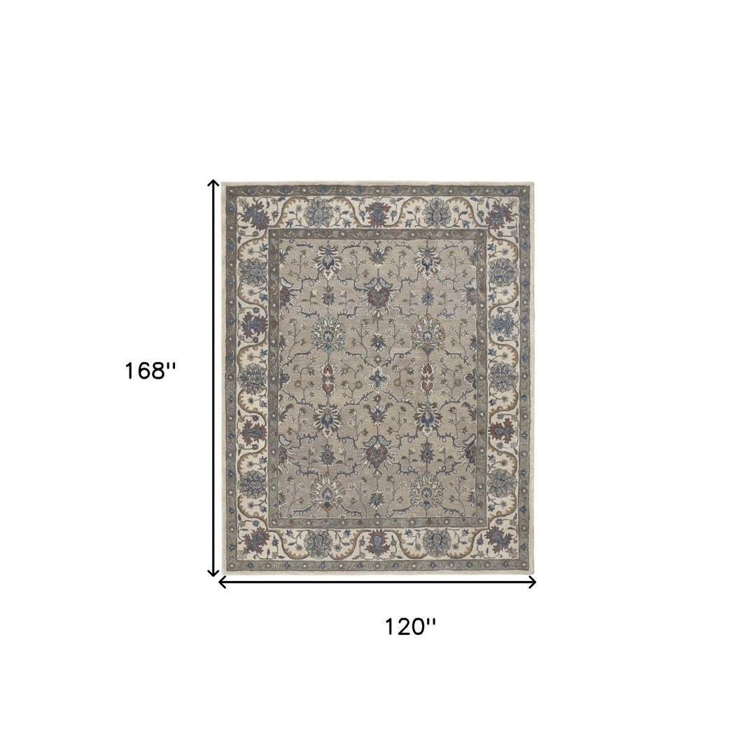 10 X 14 Taupe Ivory And Blue Wool Floral Tufted Handmade Stain Resistant Area Rug Image 1