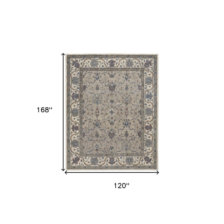 10 X 14 Taupe Ivory And Blue Wool Floral Tufted Handmade Stain Resistant Area Rug Image 1