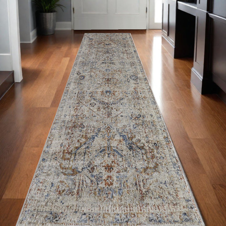 12 Ivory Blue and Orange Medallion Power Loom Distressed Runner Rug With Fringe Image 6