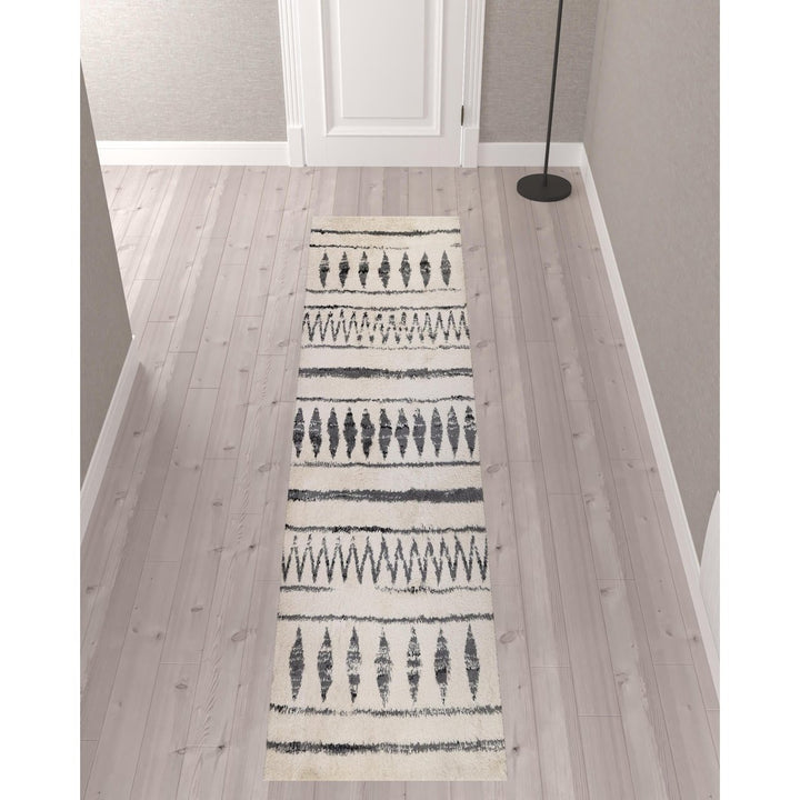 10 Ivory and Black Geometric Shag Runner Rug Image 9