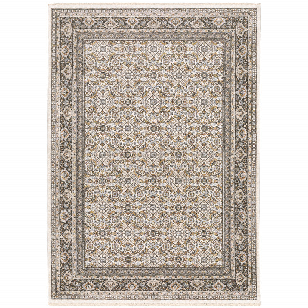 10 X 13 Ivory And Grey Oriental Power Loom Stain Resistant Area Rug With Fringe Image 1