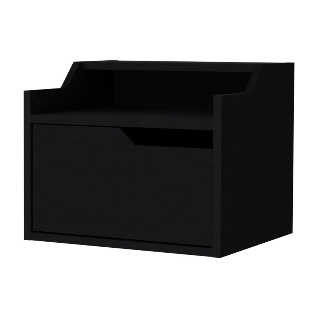 13" Black One Drawer Faux Wood Floating Nightstand Image 1