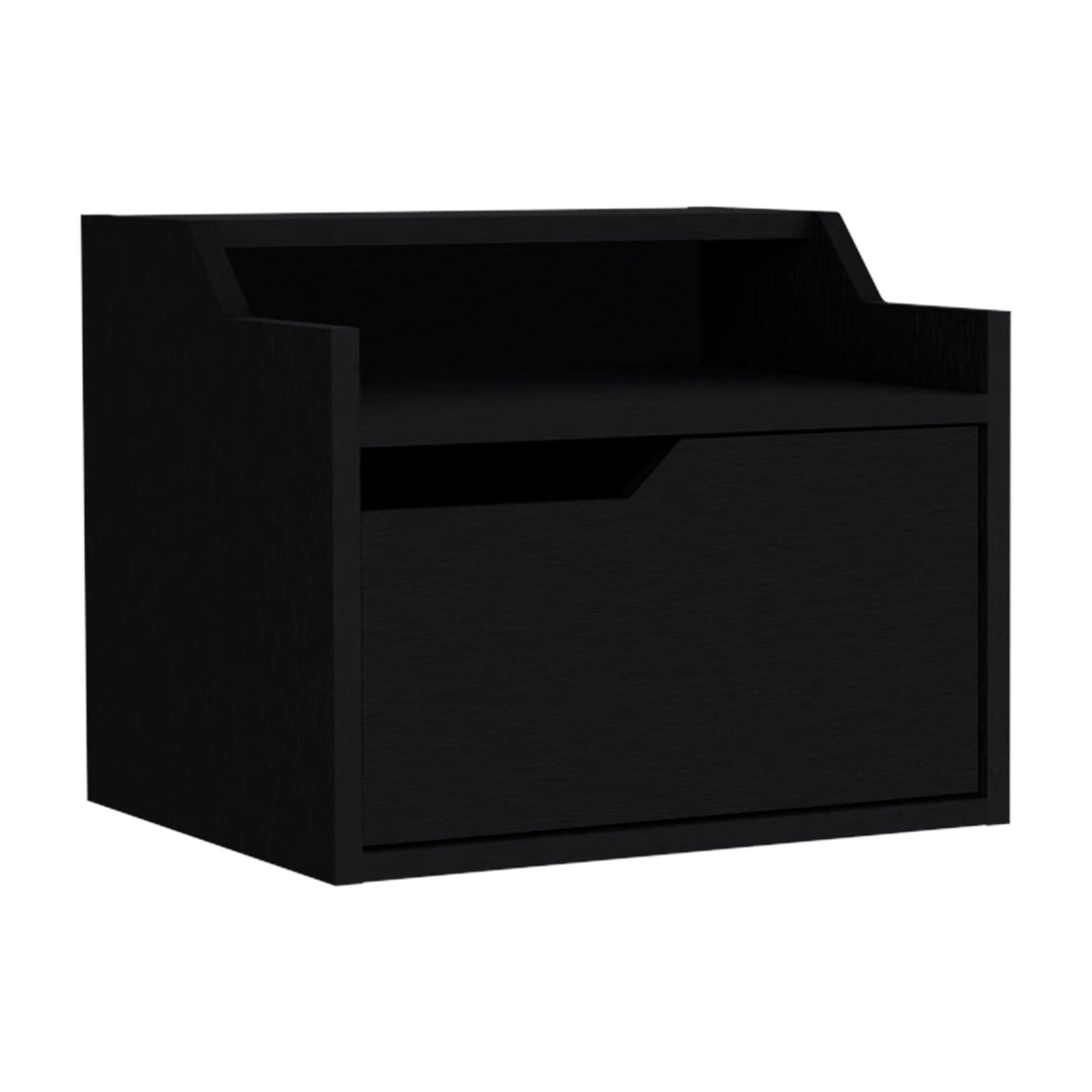 13" Black One Drawer Faux Wood Floating Nightstand Image 3