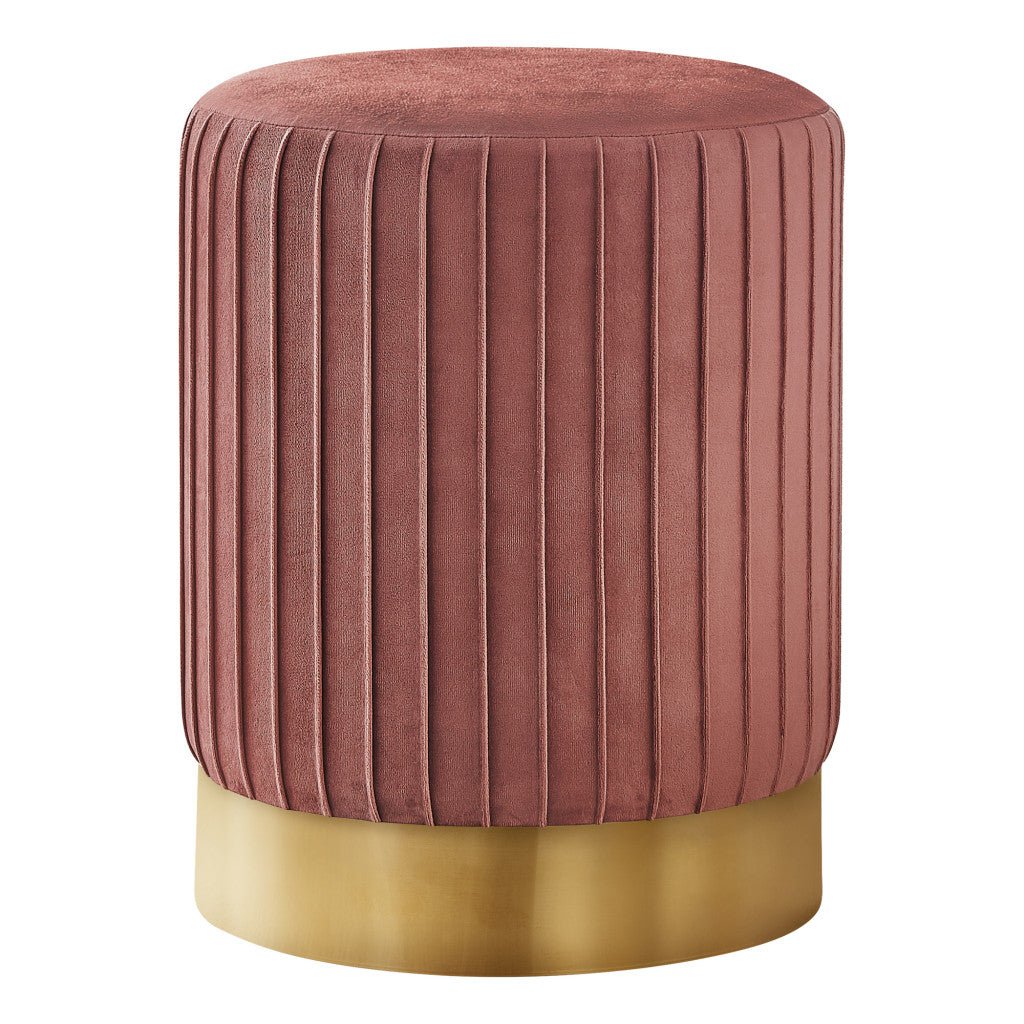 14" Pink Velvet And Gold Round Ottoman Image 2