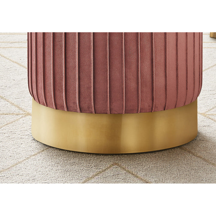 14" Pink Velvet And Gold Round Ottoman Image 3