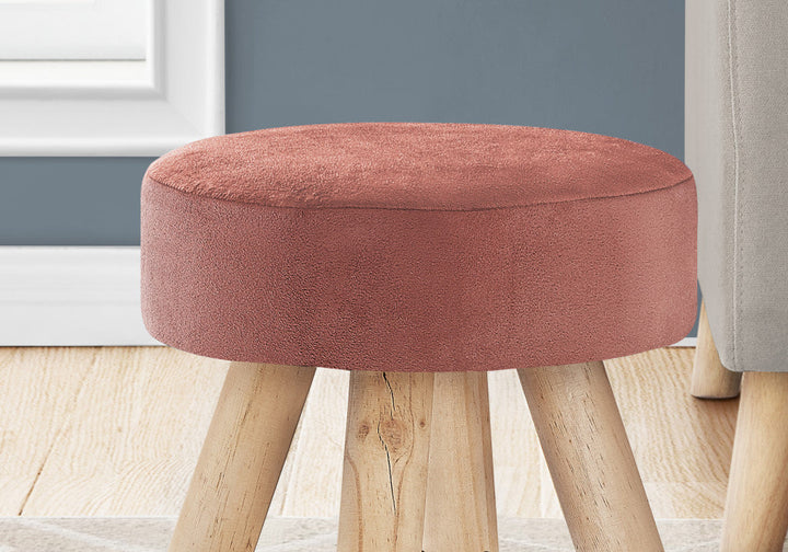 12" Pink Velvet And Natural Round Ottoman Image 3