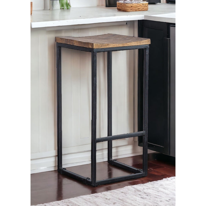 " Wood Brown And Black Iron Backless Counter Height Bar Chair Image 4