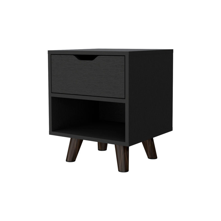 19" Black One Drawer Faux Wood Nightstand Image 1