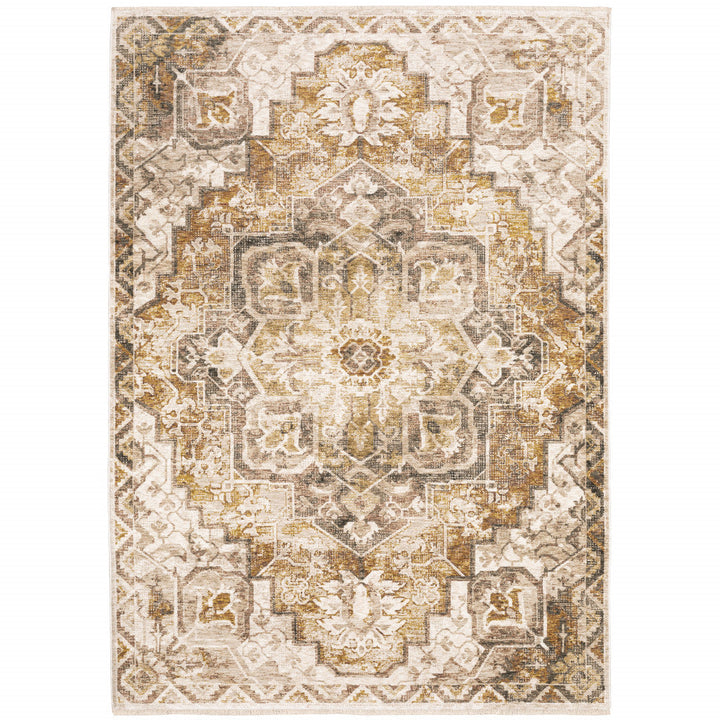 2 X 3 Gold And Ivory Oriental Power Loom Stain Resistant Area Rug With Fringe Image 1