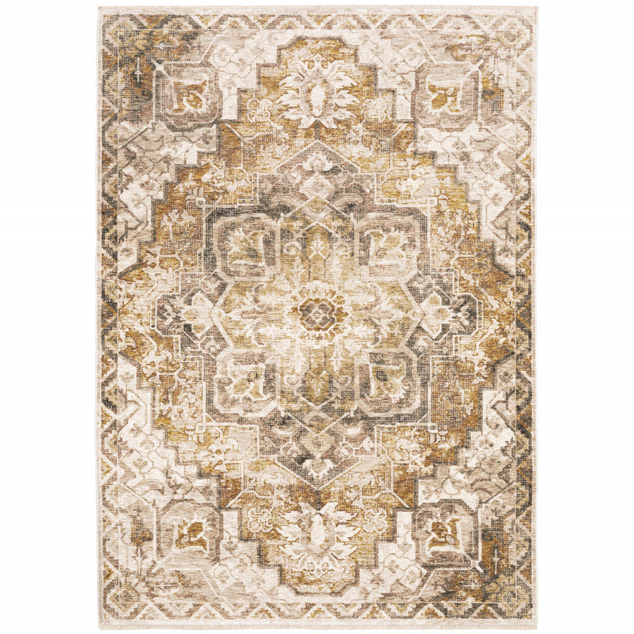 2 X 3 Gold And Ivory Oriental Power Loom Stain Resistant Area Rug With Fringe Image 1