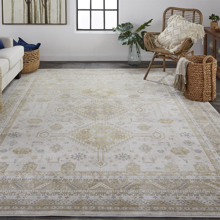 2 X 3 Gold And Ivory Floral Stain Resistant Area Rug Image 2