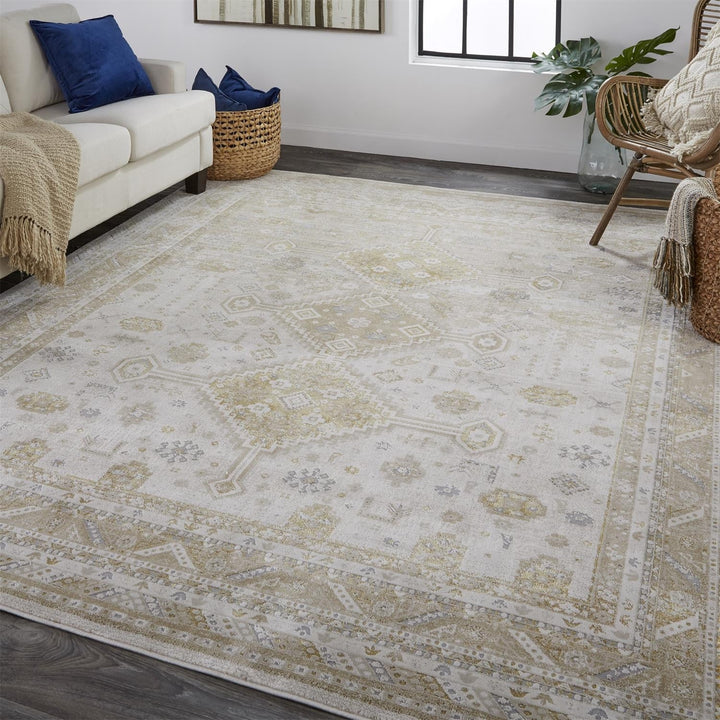 2 X 3 Gold And Ivory Floral Stain Resistant Area Rug Image 3