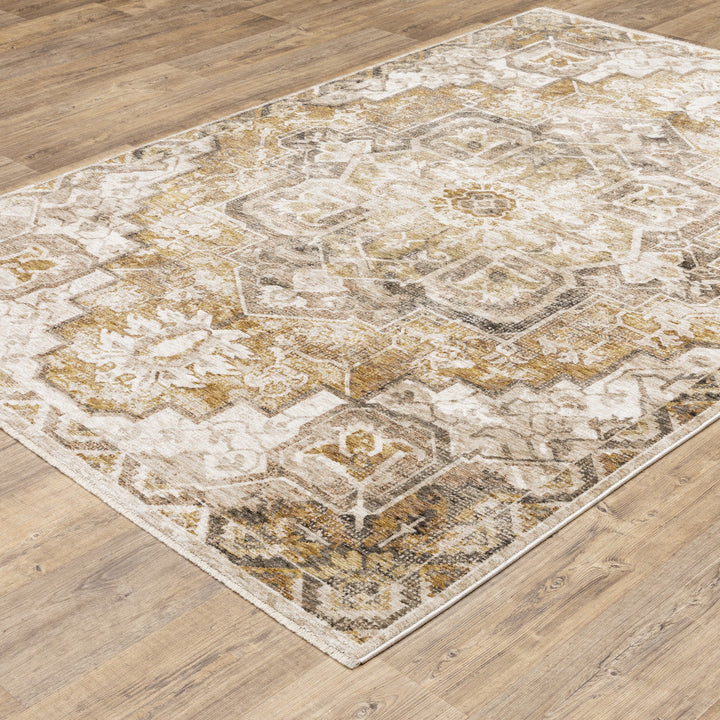 2 X 3 Gold And Ivory Oriental Power Loom Stain Resistant Area Rug With Fringe Image 4