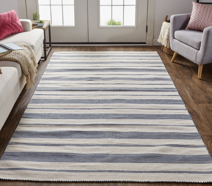 2 X 3 Blue And Ivory Striped Dhurrie Hand Woven Stain Resistant Area Rug Image 3