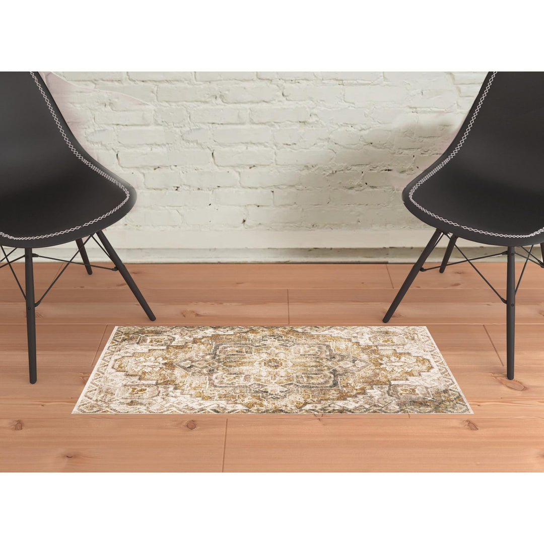 2 X 3 Gold And Ivory Oriental Power Loom Stain Resistant Area Rug With Fringe Image 10