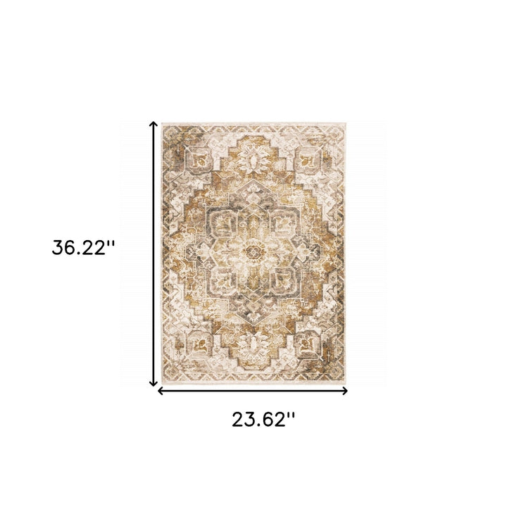 2 X 3 Gold And Ivory Oriental Power Loom Stain Resistant Area Rug With Fringe Image 11