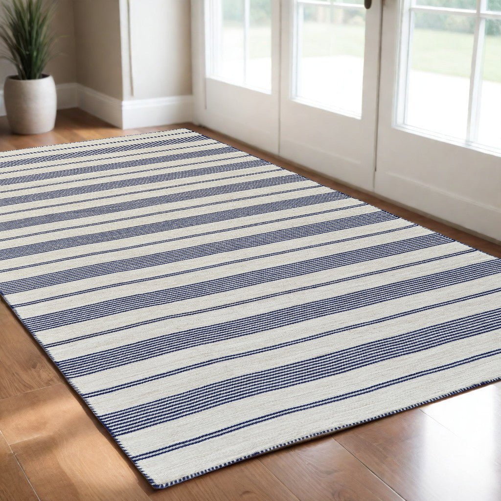 2 X 3 Blue And Ivory Striped Dhurrie Hand Woven Stain Resistant Area Rug Image 10