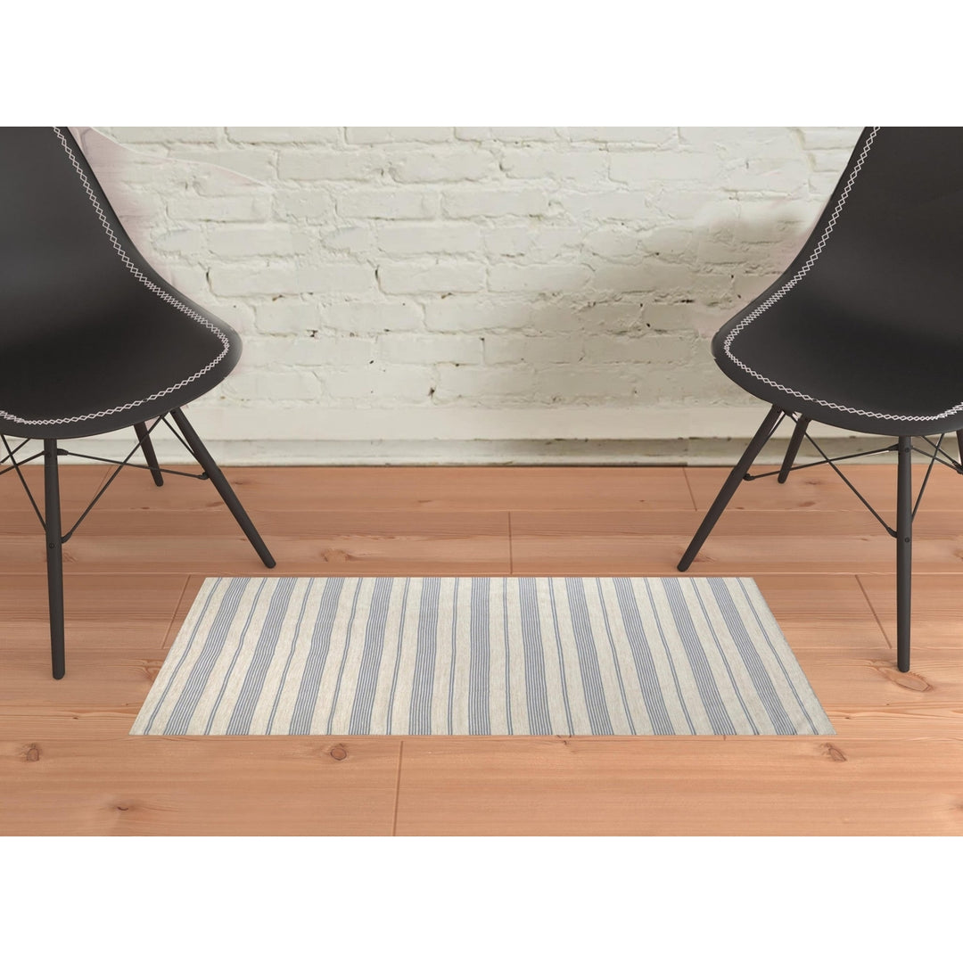 2 X 3 Blue Ivory And Tan Striped Dhurrie Hand Woven Stain Resistant Area Rug Image 10