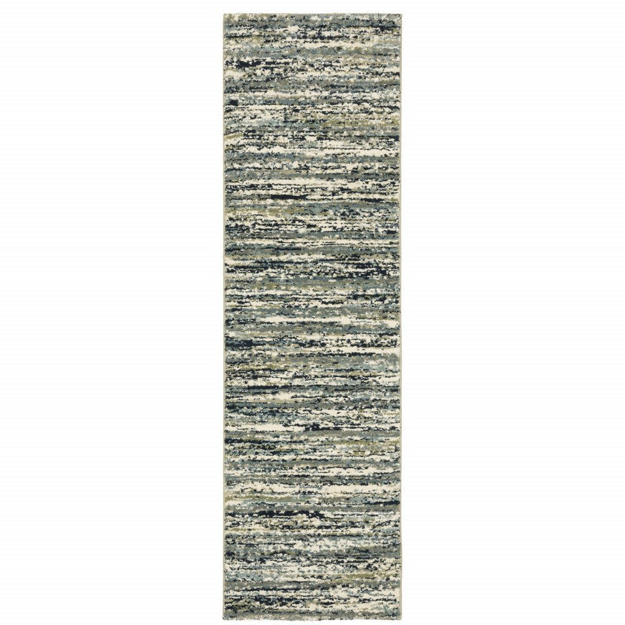 2 X 8 Blue Green Light Blue Grey And Ivory Abstract Power Loom Stain Resistant Runner Rug Image 1