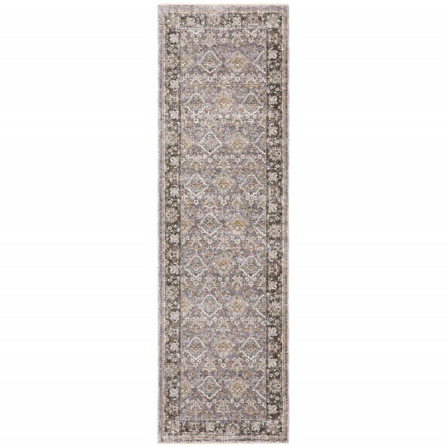 2 X 8 Grey And Blue Oriental Power Loom Stain Resistant Runner Rug With Fringe Image 1