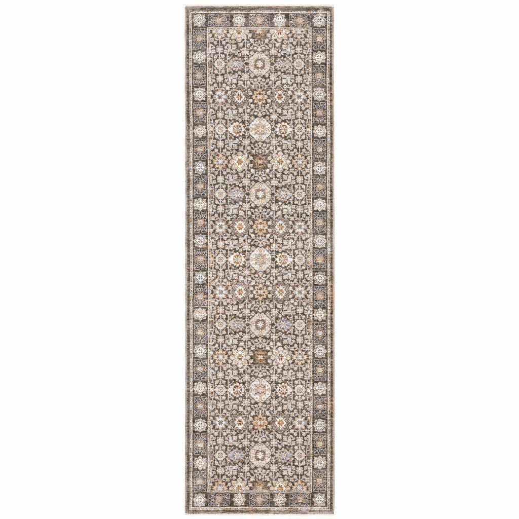 2 X 8 Grey And Ivory Oriental Power Loom Stain Resistant Runner Rug With Fringe Image 1