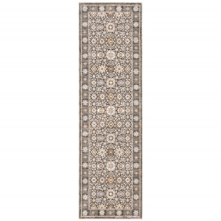 2 X 8 Grey And Ivory Oriental Power Loom Stain Resistant Runner Rug With Fringe Image 1