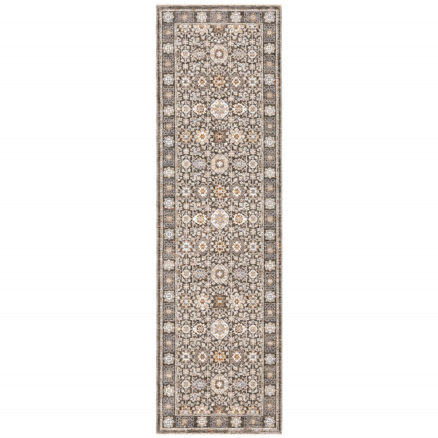 2 X 8 Grey And Ivory Oriental Power Loom Stain Resistant Runner Rug With Fringe Image 1