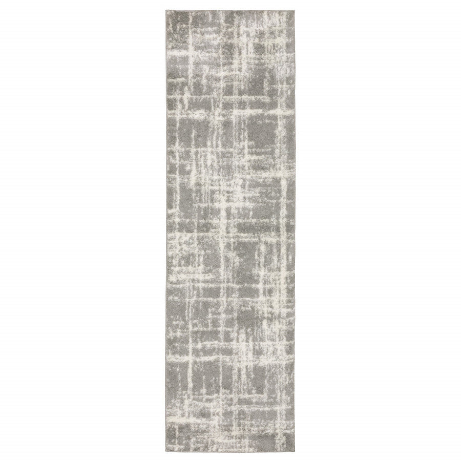 2 X 8 Grey And Ivory Abstract Shag Power Loom Stain Resistant Runner Rug Image 1