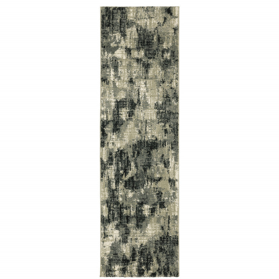 2 X 8 Grey Beige Charcoal And Blue Abstract Power Loom Stain Resistant Runner Rug Image 1