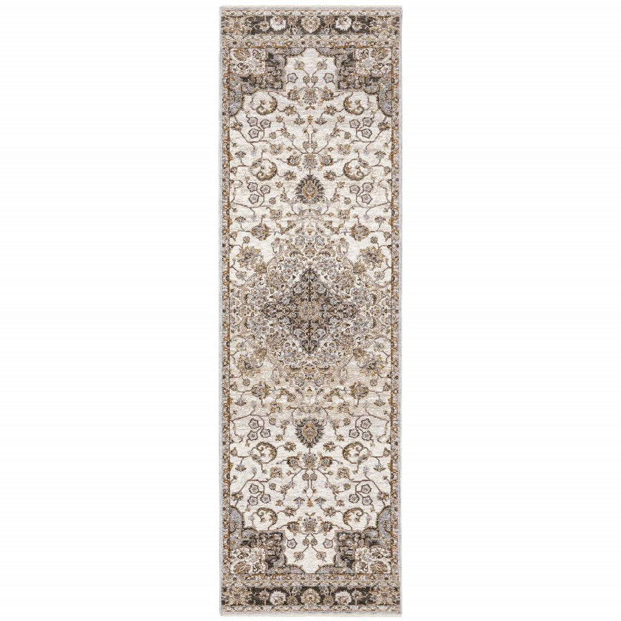 2 X 8 Ivory And Blue Oriental Power Loom Stain Resistant Runner Rug With Fringe Image 1