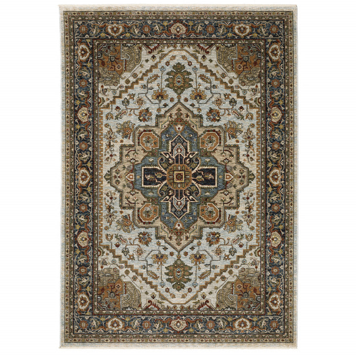 2 X 3 Ivory Beige Blue Orange Gold Green Grey And Rust Oriental Power Loom Stain Resistant Area Rug With Fringe Image 1