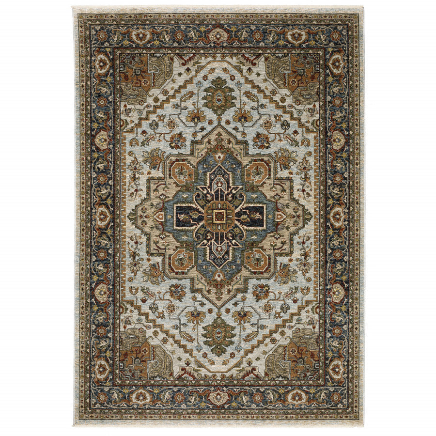 2 X 3 Ivory Beige Blue Orange Gold Green Grey And Rust Oriental Power Loom Stain Resistant Area Rug With Fringe Image 1