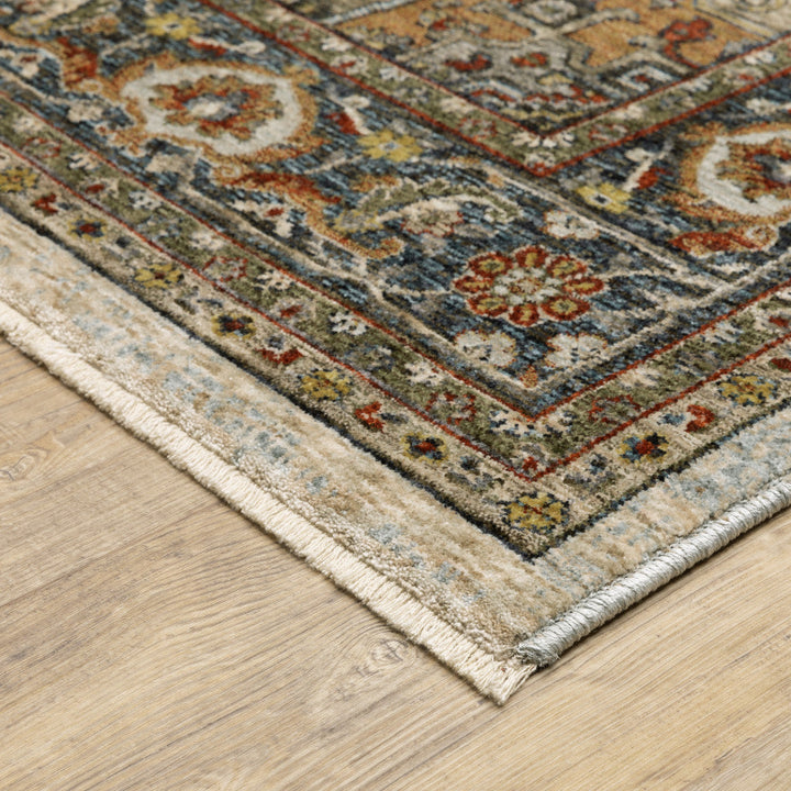 2 X 3 Ivory Beige Blue Orange Gold Green Grey And Rust Oriental Power Loom Stain Resistant Area Rug With Fringe Image 3