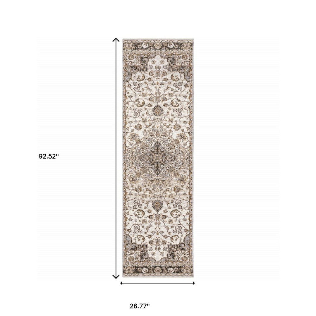 2 X 8 Ivory And Blue Oriental Power Loom Stain Resistant Runner Rug With Fringe Image 10