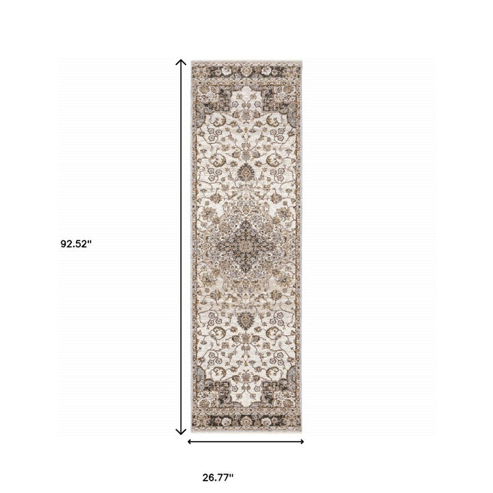 2 X 8 Ivory And Blue Oriental Power Loom Stain Resistant Runner Rug With Fringe Image 10