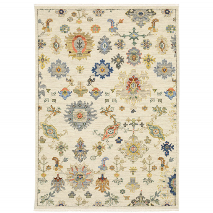 2 X 3 Ivory Beige Gold Grey Blue Pink Red Rust And Green Oriental Power Loom Stain Resistant Area Rug With Fringe Image 1