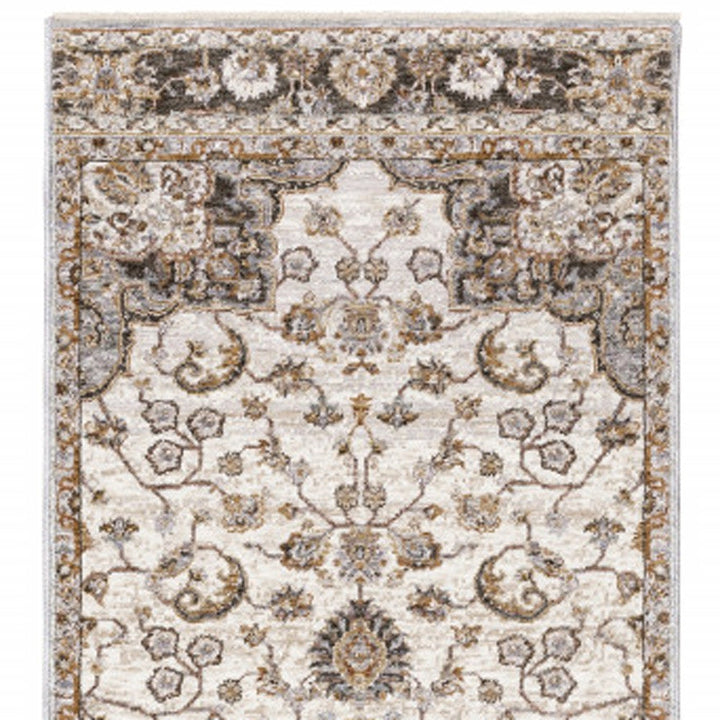 2 X 8 Ivory And Blue Oriental Power Loom Stain Resistant Runner Rug With Fringe Image 12